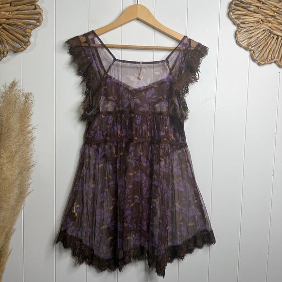 Free People tunic top floral lace sheer ruffled boho mesh top Large - Picture 6 of 8